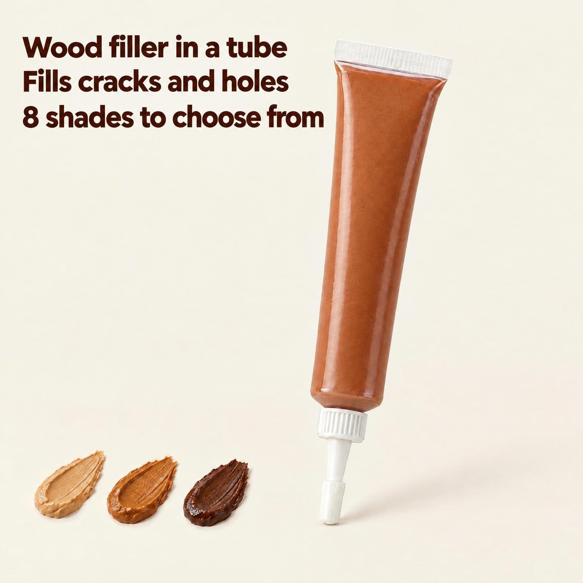 Wood filler tube with the caption Fills cracks and holes, and three shade samples