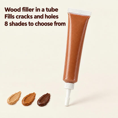Wood filler tube with the caption Fills cracks and holes, and three shade samples