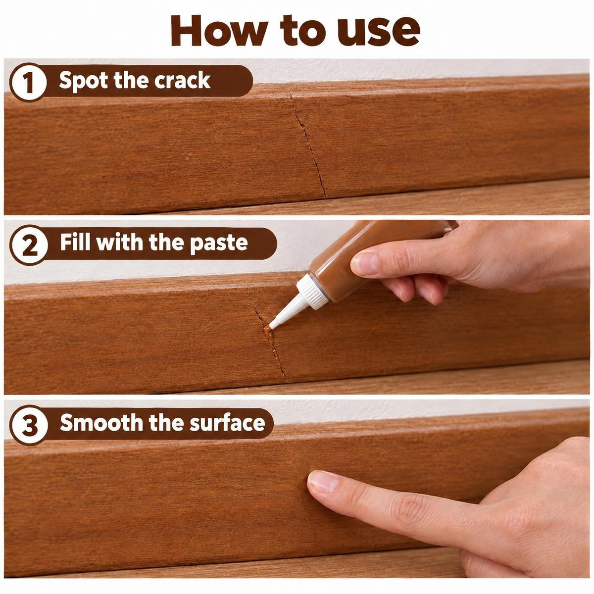 The three steps: spot the crack, fill with the paste, smooth the surface