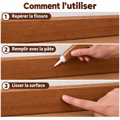 Les trois étapes d'utilisation : repérer la fissure, remplir avec la pâte, lisser la surface