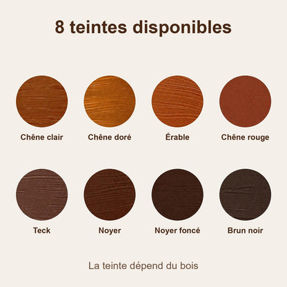 Les 8 teintes disponibles : chêne clair, chêne doré, érable, chêne rouge, teck, noyer, noyer foncé et brun noir