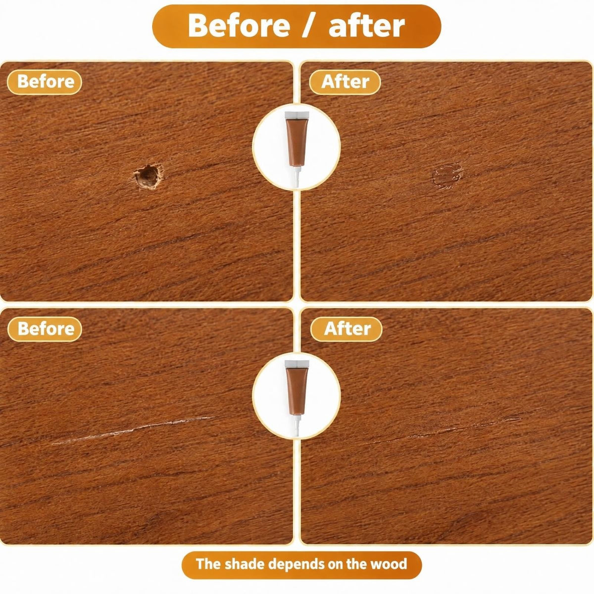 Before and after: a hole and a crack in wood filled with tinted paste; the shade depends on the wood