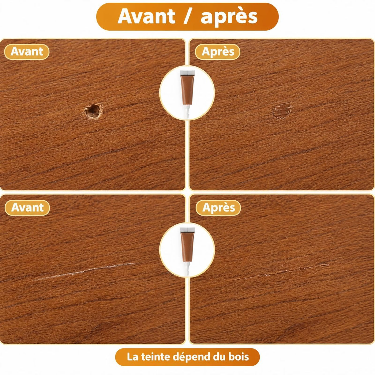 Avant et après : un trou et une fissure dans du bois, comblés avec une pâte teintée ; la teinte dépend du bois