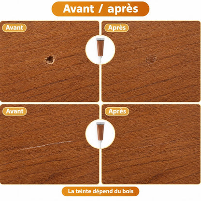 Avant et après : un trou et une fissure dans du bois, comblés avec une pâte teintée ; la teinte dépend du bois