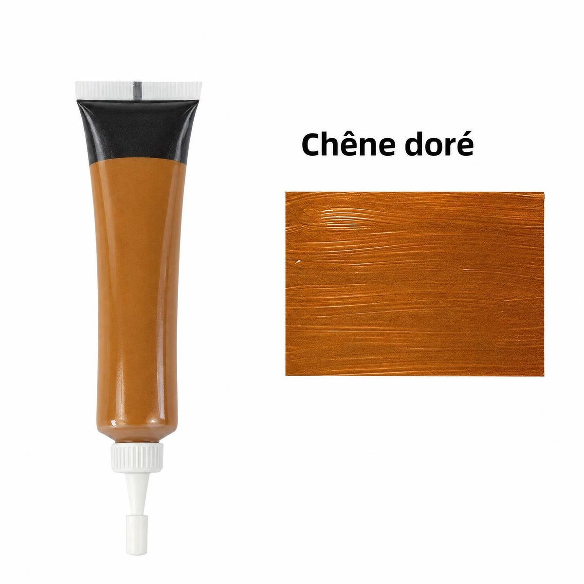 Tube de mastic à bois, teinte Chêne doré, avec son échantillon de couleur