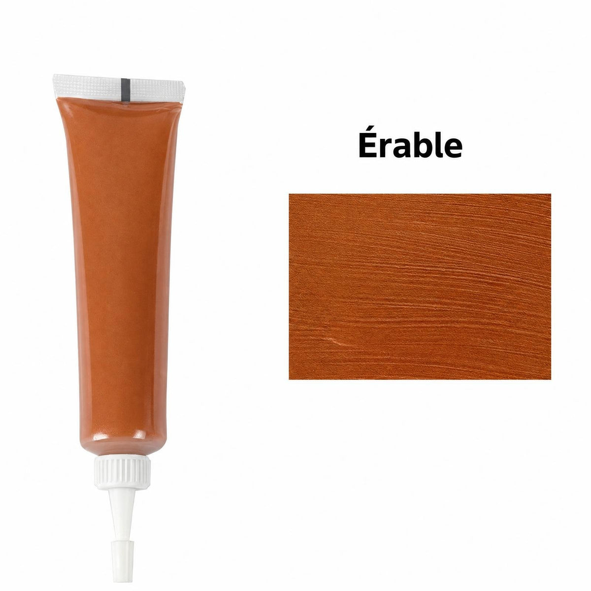 Tube de mastic à bois, teinte Érable, avec son échantillon de couleur