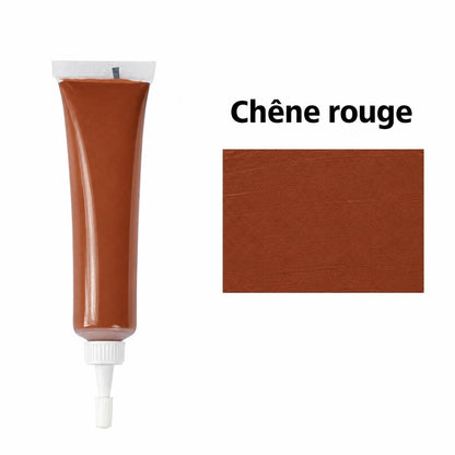Tube de mastic à bois, teinte Chêne rouge, avec son échantillon de couleur