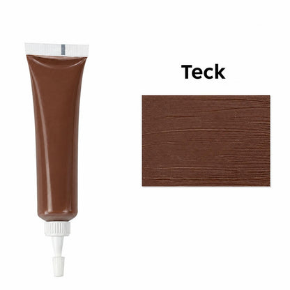 Tube de mastic à bois, teinte Teck, avec son échantillon de couleur