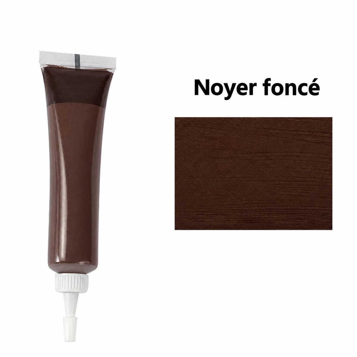 Tube de mastic à bois, teinte Noyer foncé, avec son échantillon de couleur