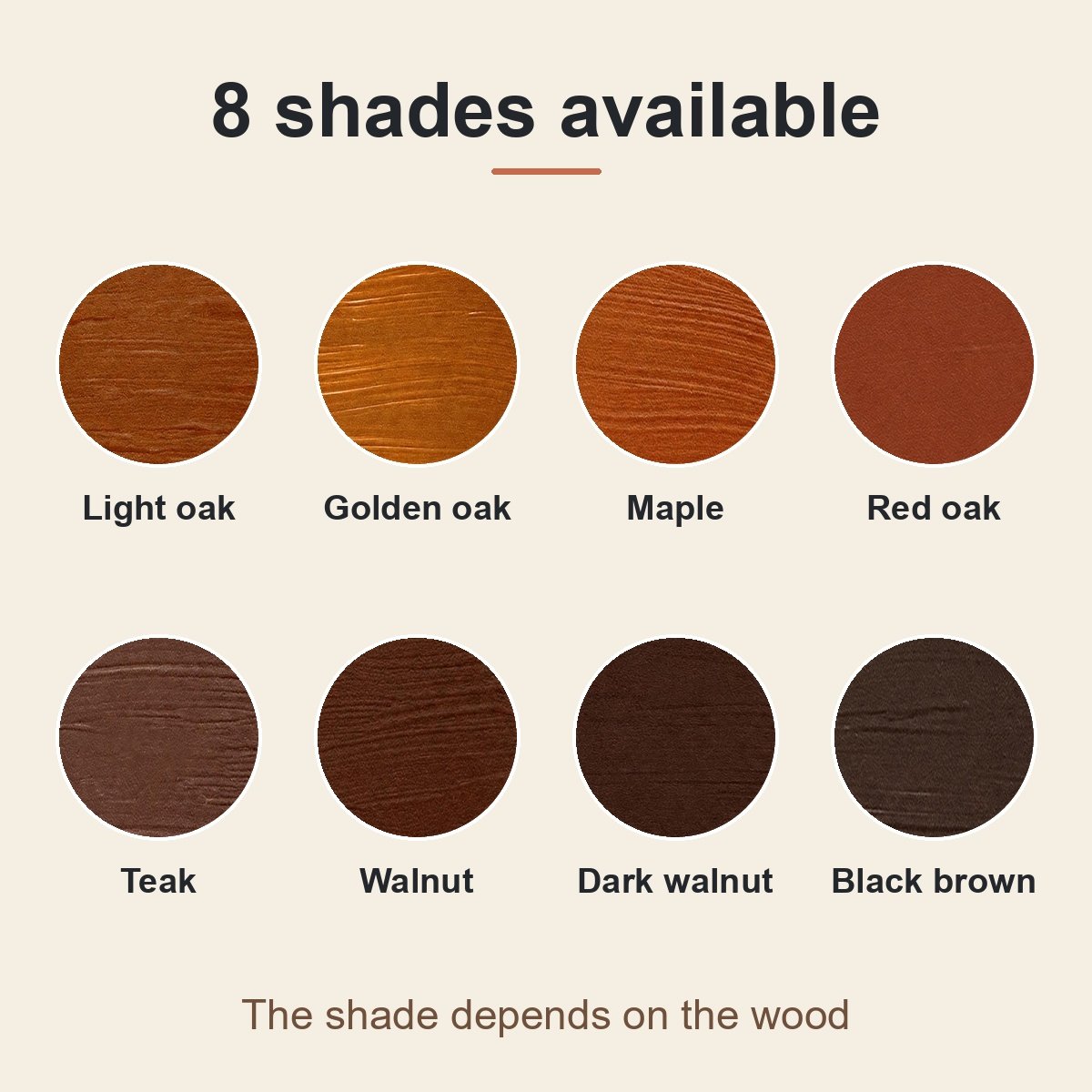 Chart of the 8 wood filler shades: light oak, golden oak, maple, red oak, teak, walnut, dark walnut, black brown