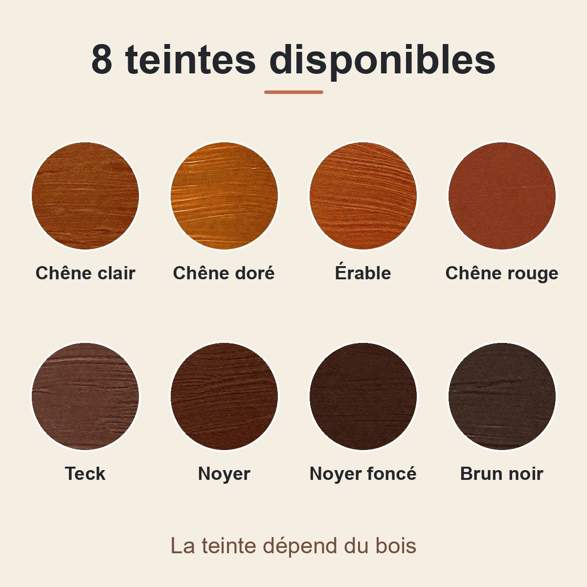 Planche des 8 teintes de mastic : chêne clair, chêne doré, érable, chêne rouge, teck, noyer, noyer foncé, brun noir
